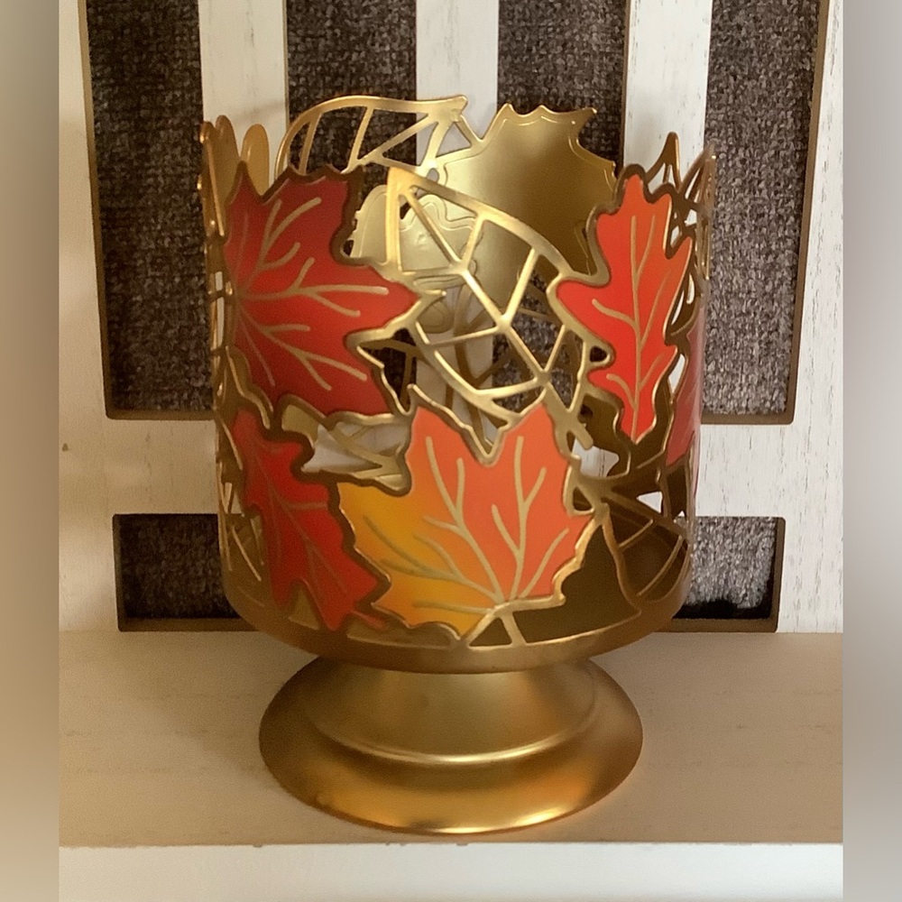 Sonoma Candle Holder - Fits Bath & Body Works 3-Wick Jar - Gold Fall Leaves